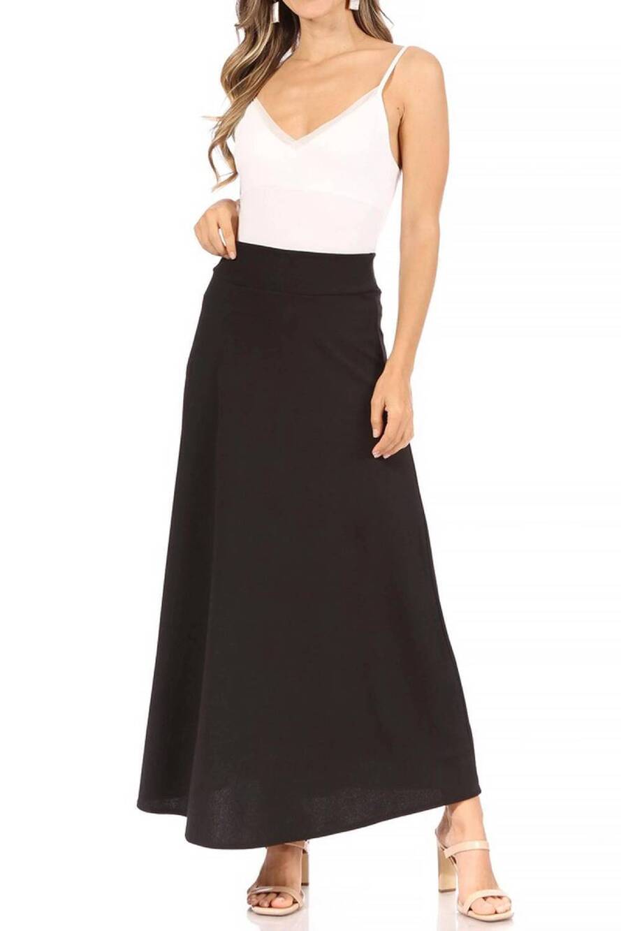 NEW MOA COLLECTION women's casual solid flare a-line long skirt in black